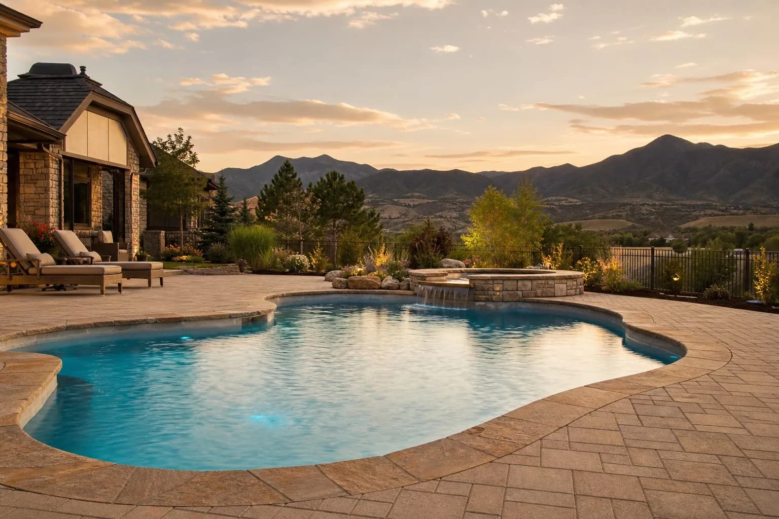 Residential backyard pool with natural stone coping, light paver deck, and clear water at golden hour, Colorado-style outdoor setting
