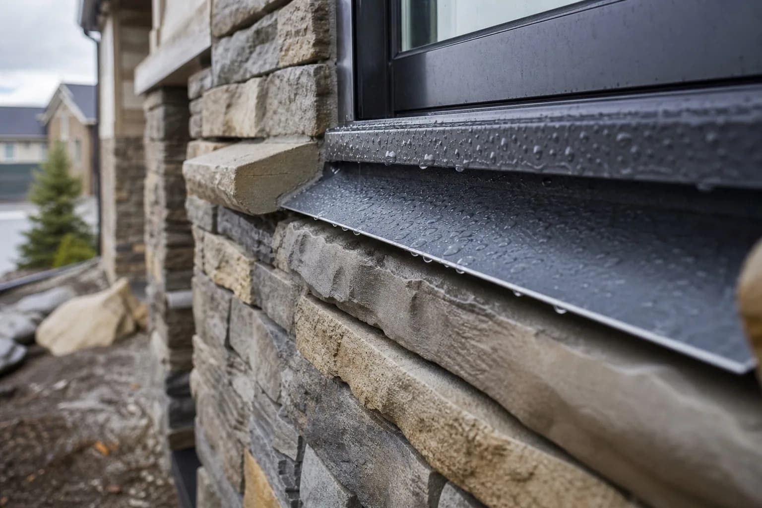Rain-wet stone veneer wall with sill and flashing detail at a window, moisture management on a residential exterior