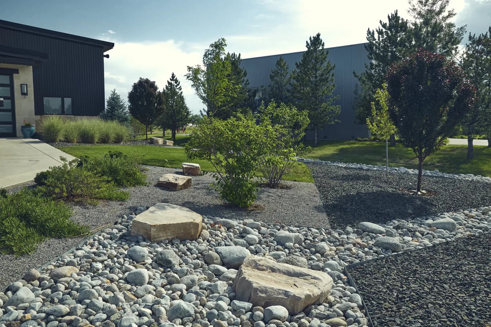 Water-wise front yard with river rock beds, sandstone boulders, young trees, and crushed gravel, Colorado
