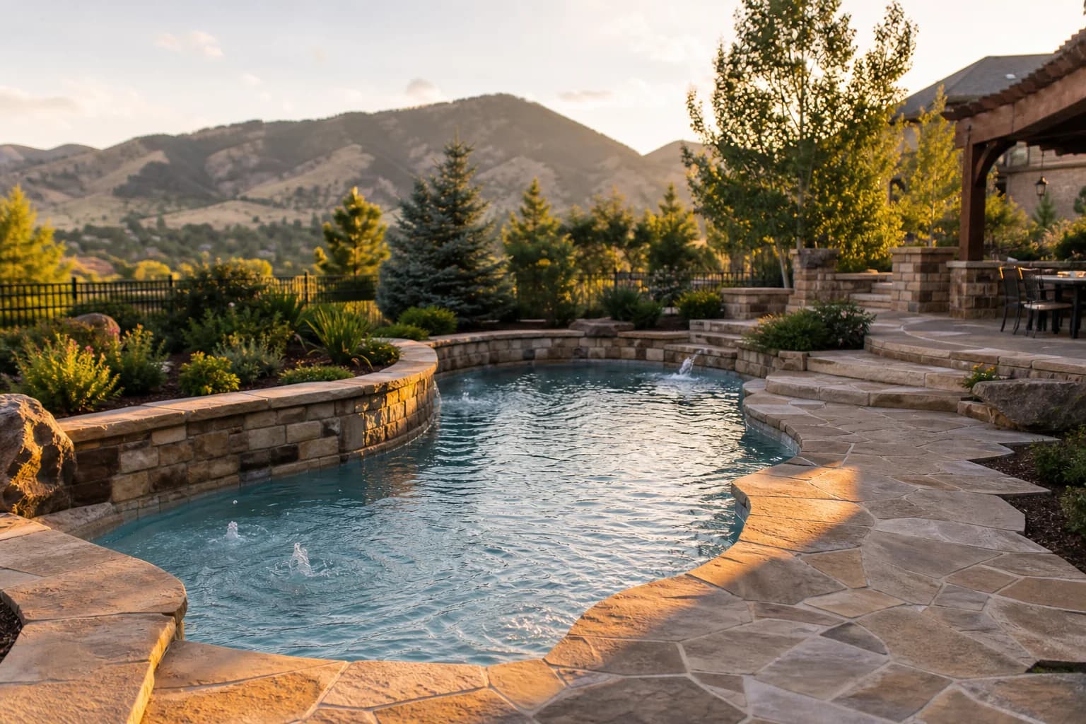 Freeform shotcrete pool with limestone coping, irregular stone pavers, and layered foothills planting