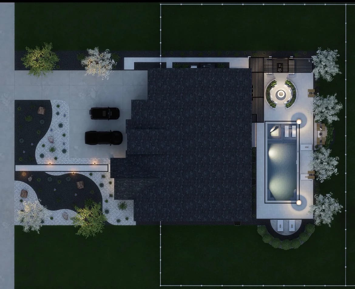 Overhead 3D site plan rendering at dusk showing the driveway, front xeriscape beds with boulders, and a rear yard with a pool, spa, pergola, dining area, and fire feature