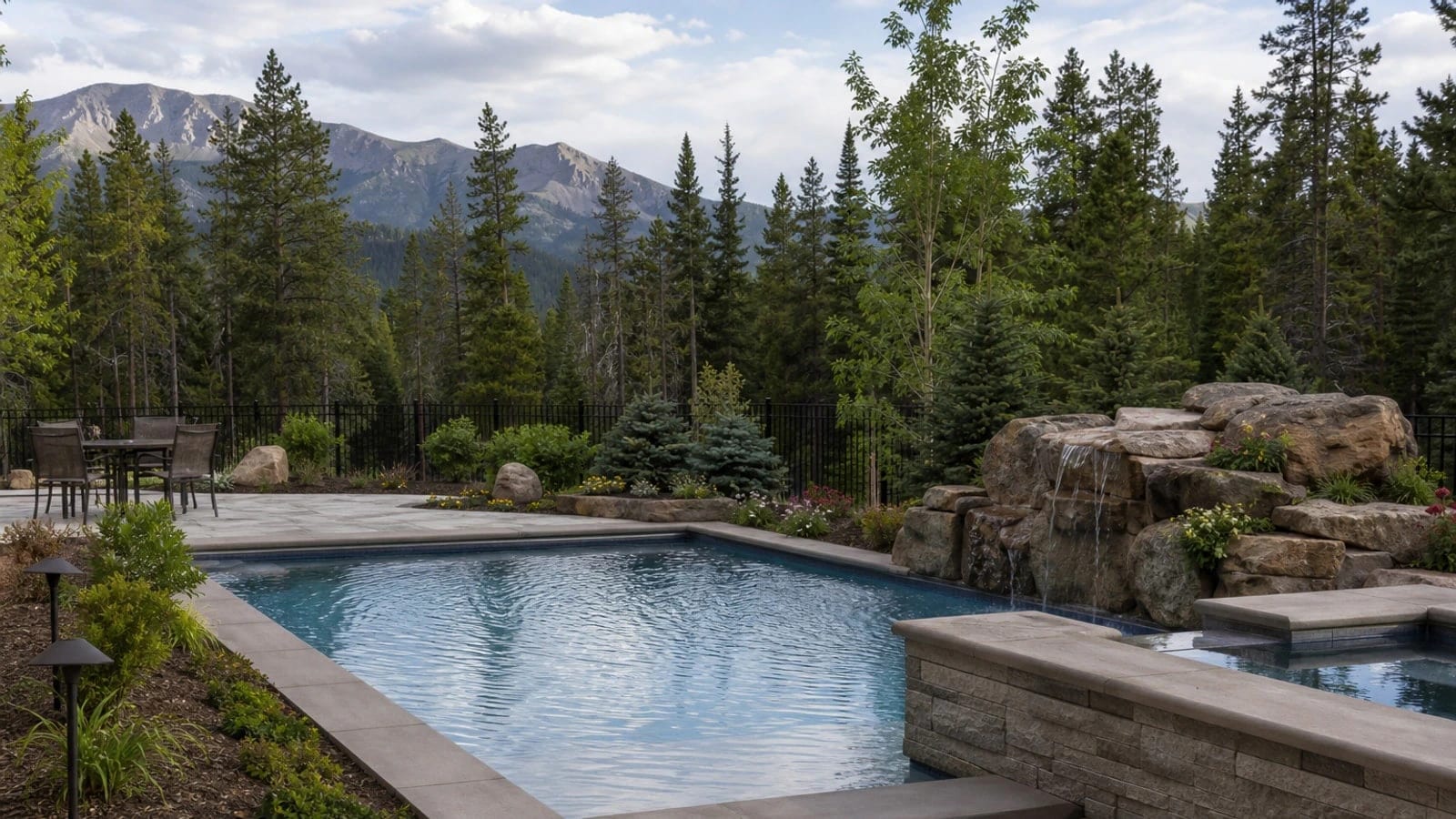 Custom Latham fiberglass pool with hardscape coping in Colorado