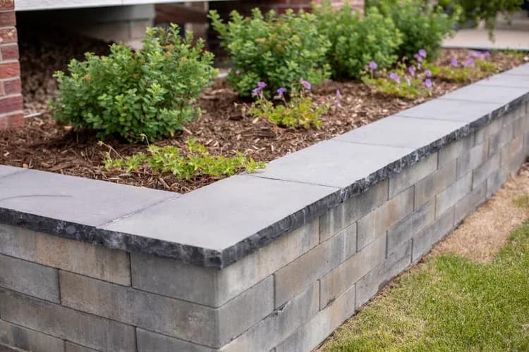 Segmental block retaining wall with dark capstone, mulch, shrubs, and purple accents along the walk, Westminster front yard
