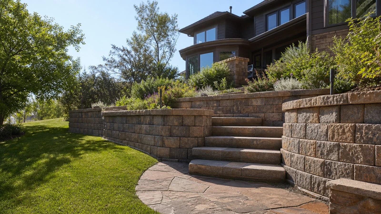 Segmental retaining wall and landscape steps in Colorado