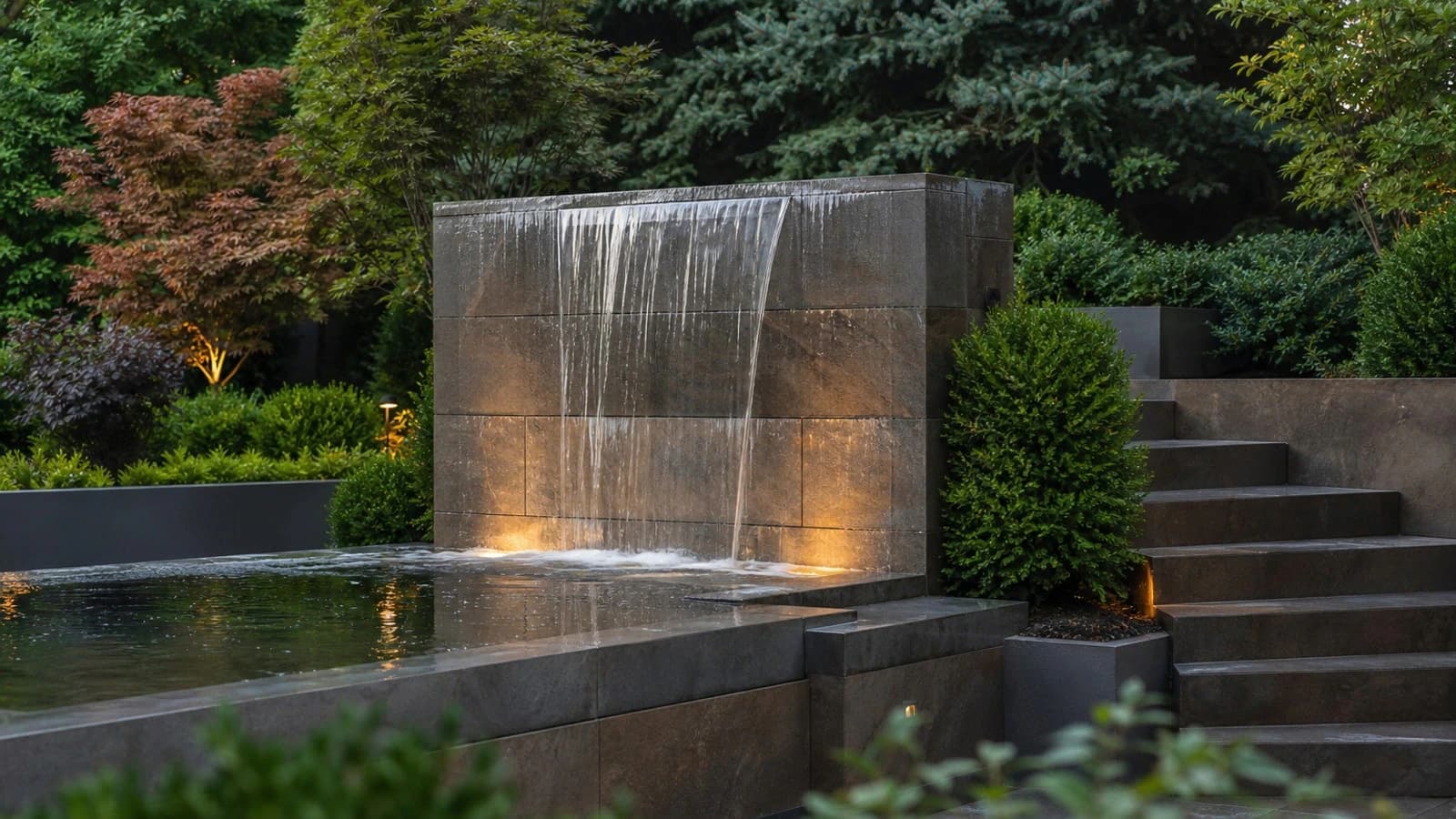 Backyard water feature with stone and planting in Colorado